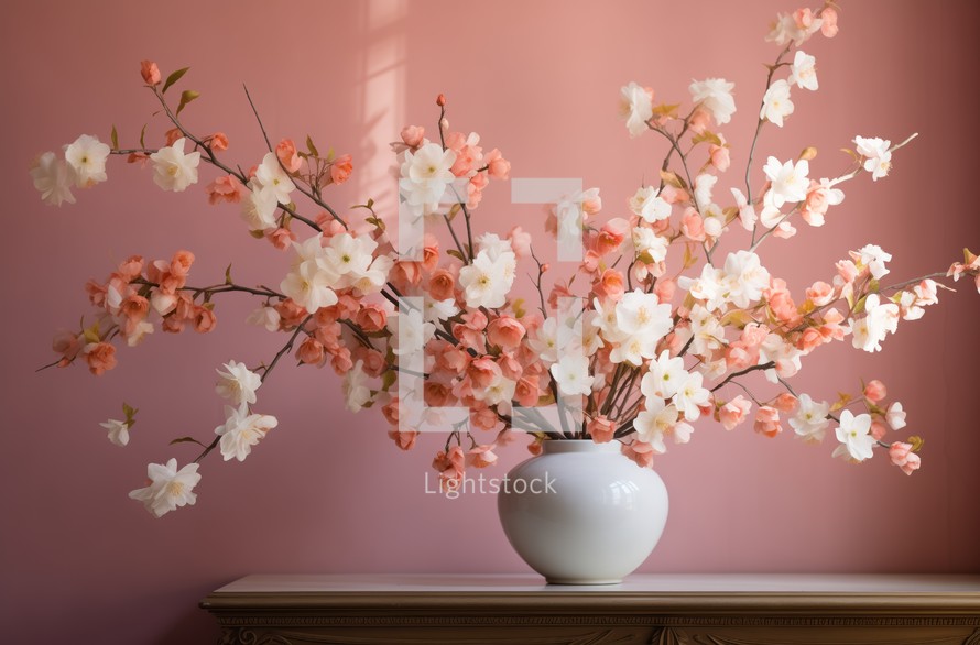 Large bouquet of spring blossoms in a white vase against a pink wall