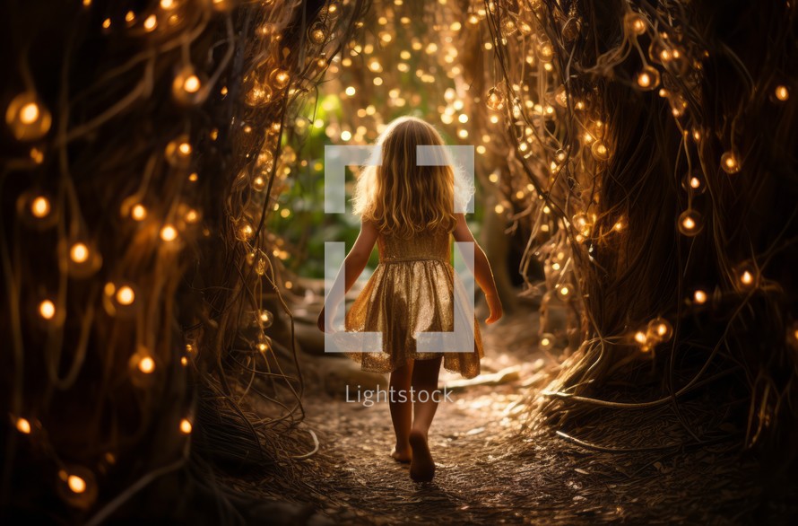 A young caucasian girl walks through a forest adorned with twinkling lights