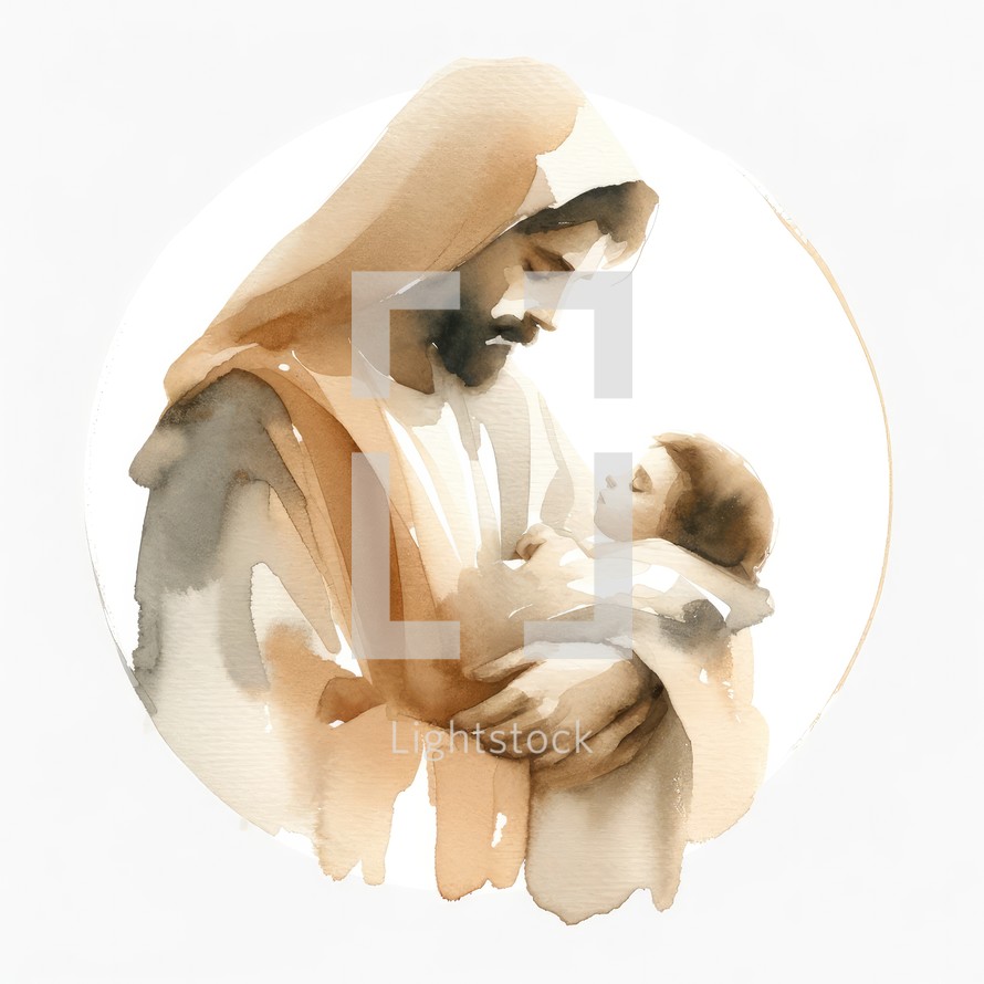 Watercolor illustration of Joseph with baby Jesus on a watercolor background.