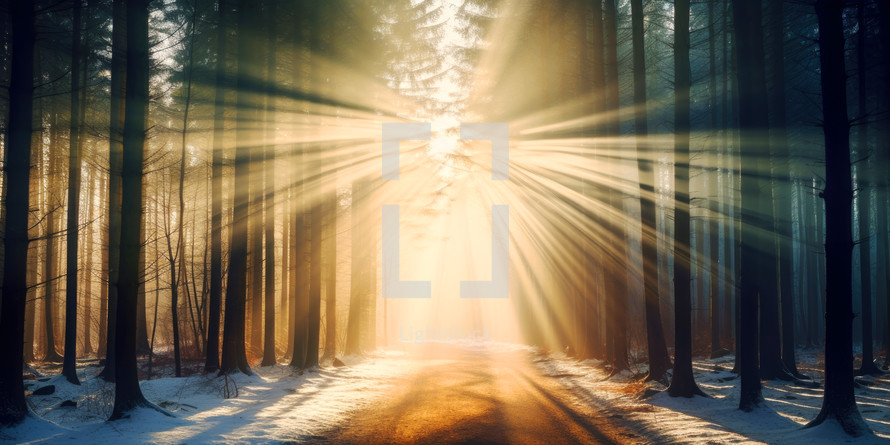 Winter road in the forest with rays of light and lens flare effect