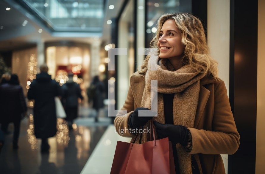 Close up of a caucasian woman with shopping bags in a mall