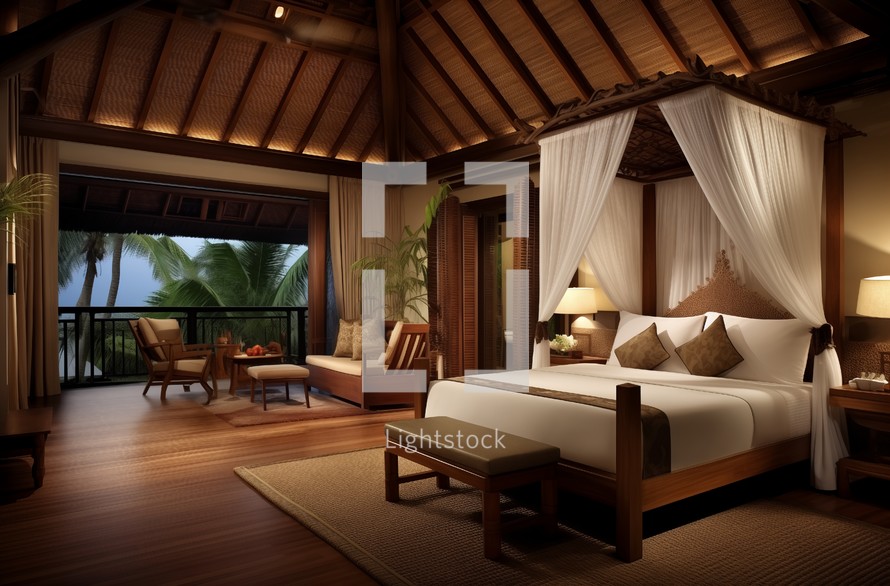 Spacious hotel room featuring Indonesian decor and a balcony overlooking the sea