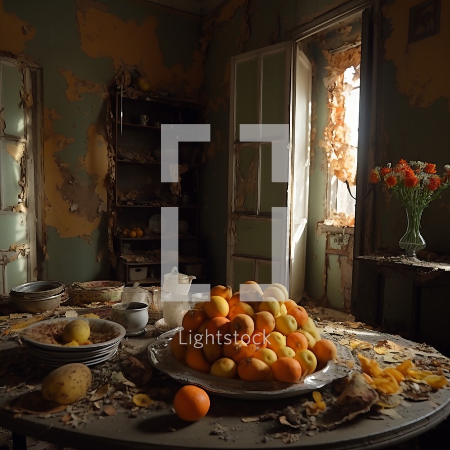 A partially destroyed house in Eastern Europe with a preserved fragment of a yellow kitchen A bowl of fruit on the table contains oranges and bananas