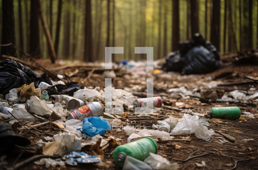 Scattered trash in the forest highlighting environmental pollution issues