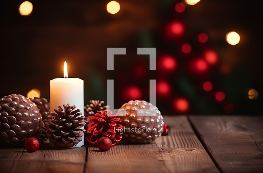 Candlelight and pine cones on wooden table with copyspace