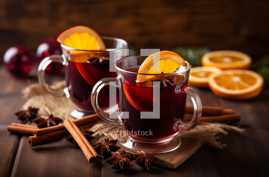 Close up of spiced mulled wine with citrus fruits in glass mugs on a wooden surface