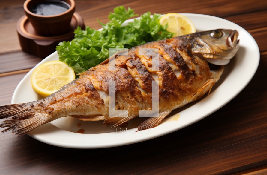 A perfectly grilled fish plated with fresh lettuce and lemon slices