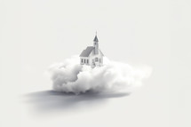 Little white church in the clouds on white background. 3D rendering