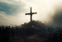 Horrors of war. People praying under the cross standing in the ruins