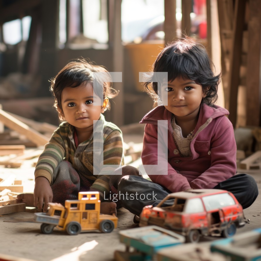 Two impoverished children in India joyfully play with their toys
