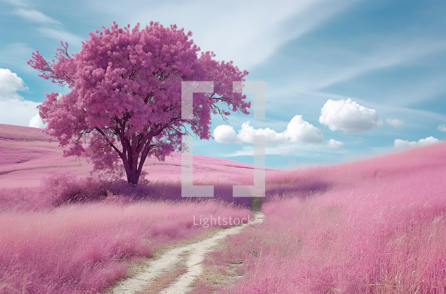 This captivating photo showcases a solitary tree standing proudly in the middle of a stunning pink field