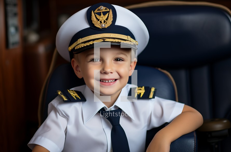 6 year old boy in pilot uniform in airplane cockpit