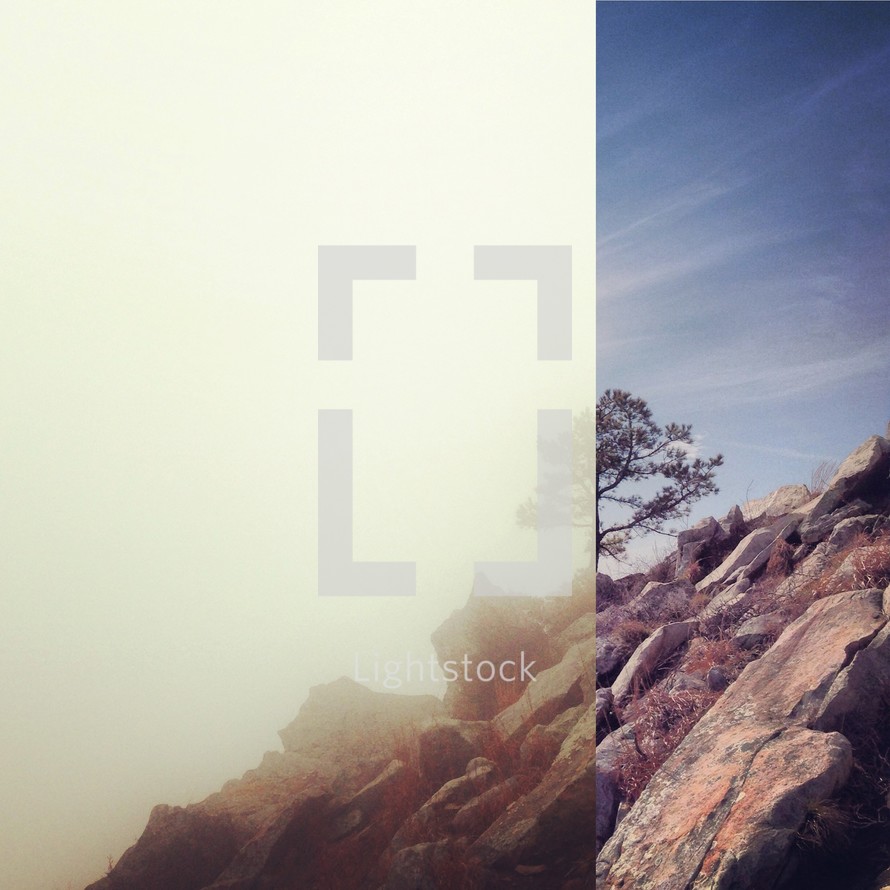 split image of lifting fog