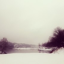 snow covered lake shore