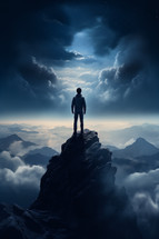 A man standing on a cliff overlooking mountains and clouds in the sky