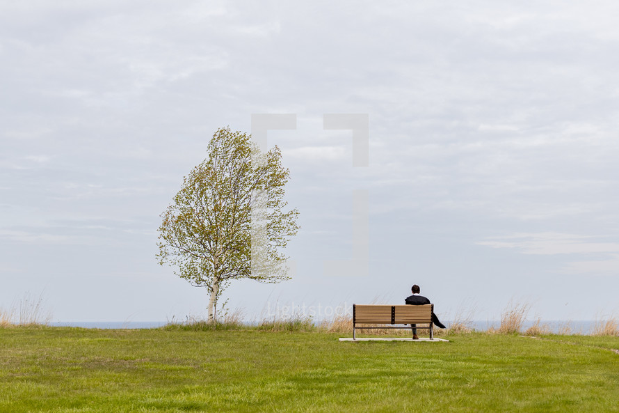 graduate wearing gown sitting on bench overlooking horizon