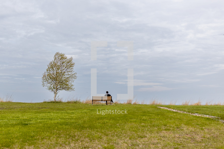 graduate wearing gown sitting on bench overlooking horizon