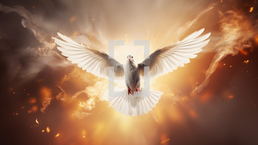 A dove with outstretched wings with fire with radiant light in the background