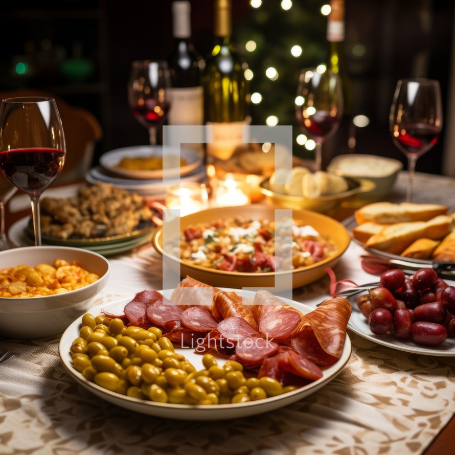 Thanksgiving chair with Christmas table, snacks, wine, and festive decorations on a blurred background