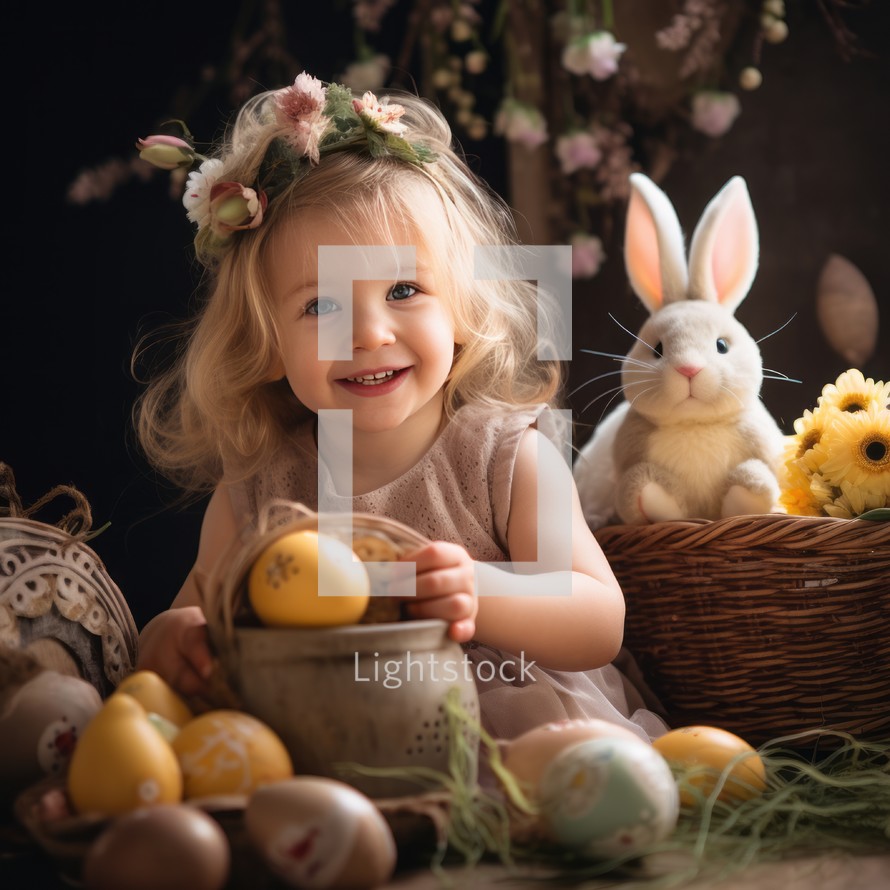 A cheerful 4-year-old girl sits on the floor with an Easter bunny toy and a basket of Easter eggs next to her. She smiles