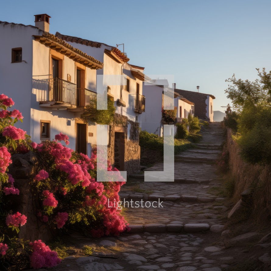 Small Spanish village road with cobblestone, white two-story houses with balconies illuminated by sunset. Empty street
