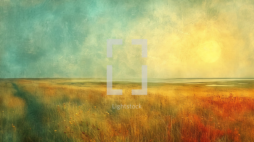 Textured digital art of a vast field with a warm golden palette and a hazy sun in an Impressionist style.