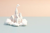 White church with clouds on pastel background