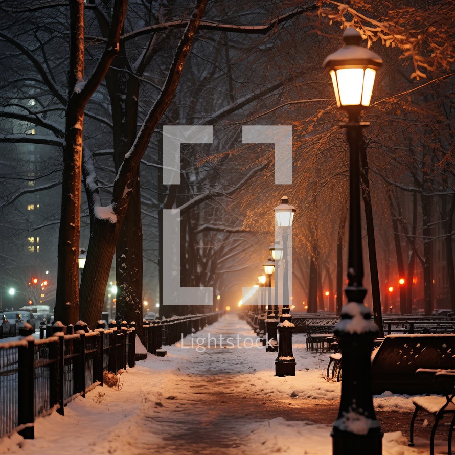 Snow-covered park with street lamps fading into the distance