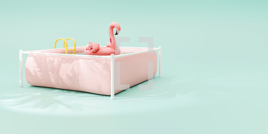 tourism and travel concept. Travel destination. Swimming pool with flamingo. Minimal travel concept