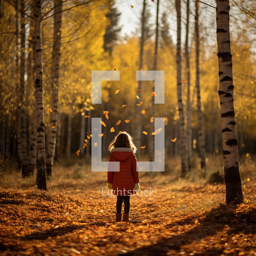 Girl in autumn forest, looking at falling birch leaves from behind