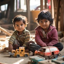 Two impoverished children in India joyfully play with their toys