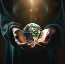 Man hands holding Earth planet.