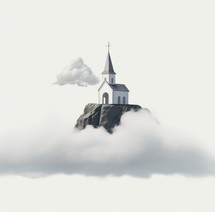 Church on a rock in the clouds, 3d rendering.