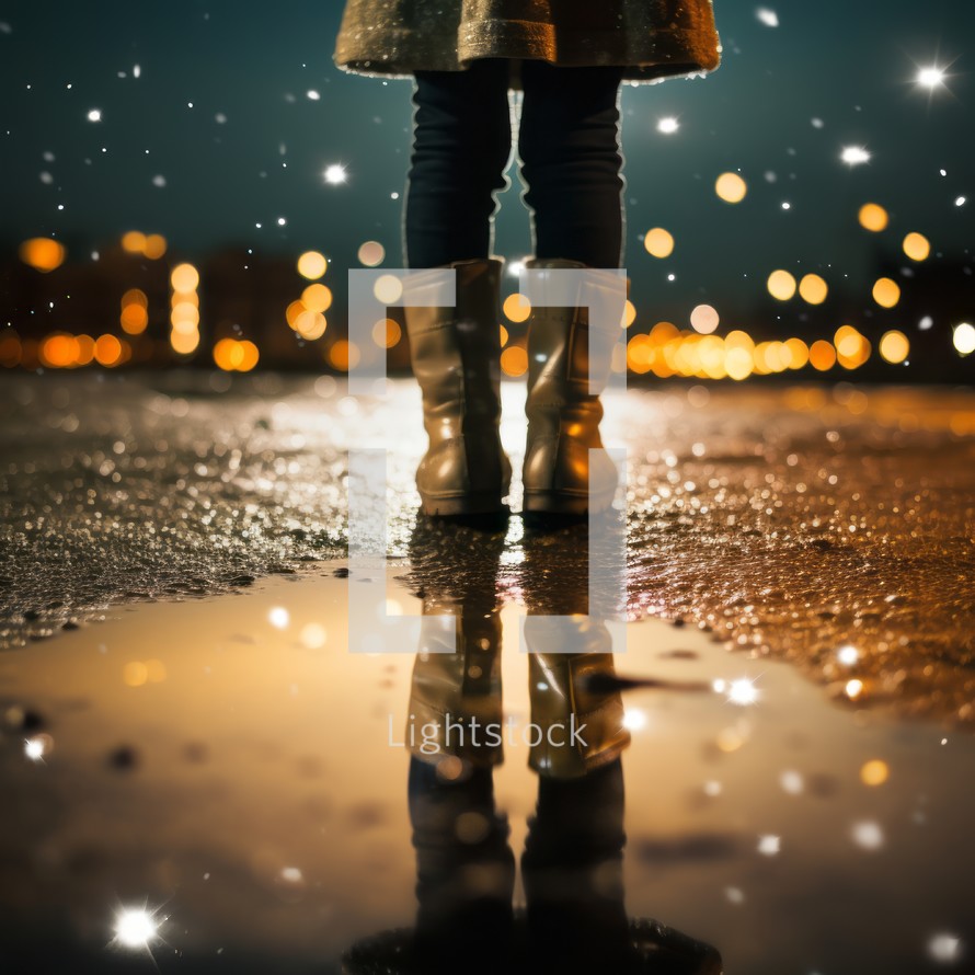 Children's feet in winter boots stand by the reflection in a puddle, with city lights and stars also reflected in the puddle. Festive Christmas mood without showing faces