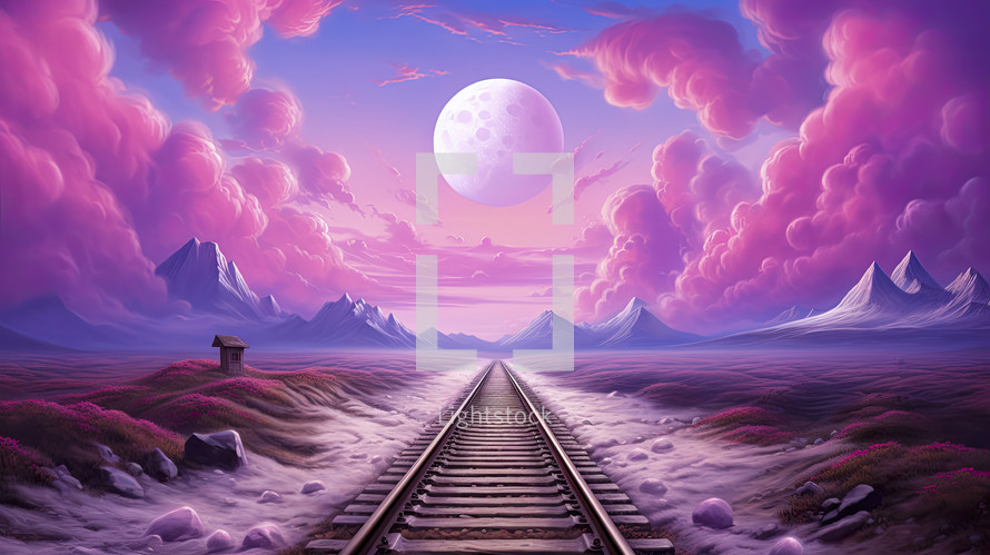 Rails in a colorful, abstract and magical landscape with clouds and moon. Travel fantasy concept.