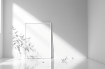 Bright and beautiful white room with a picture frame and a plant, light and shadow