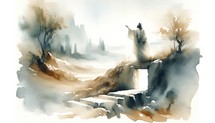 Resurrection of Lazarus. 28th Miracle of Jesus Christ. Watercolor Biblical Illustration