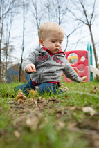 toddler boy sitting in grass