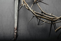 Crown of thorns and a nail with blood on it.