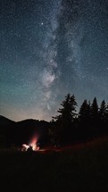 Vertical video of milky way galaxy stars over forest and people barbecue campfire nature, Astronomy Time lapse
