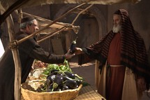 man selling vegetables in the market to a rich man in biblical times 