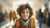 Back to school concept. Portrait of caucasian school boy with backpack in school environment.