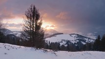 Golden Light of Sunrise in winter nature panorama with trees in foreground landscape with fresh snow falls
