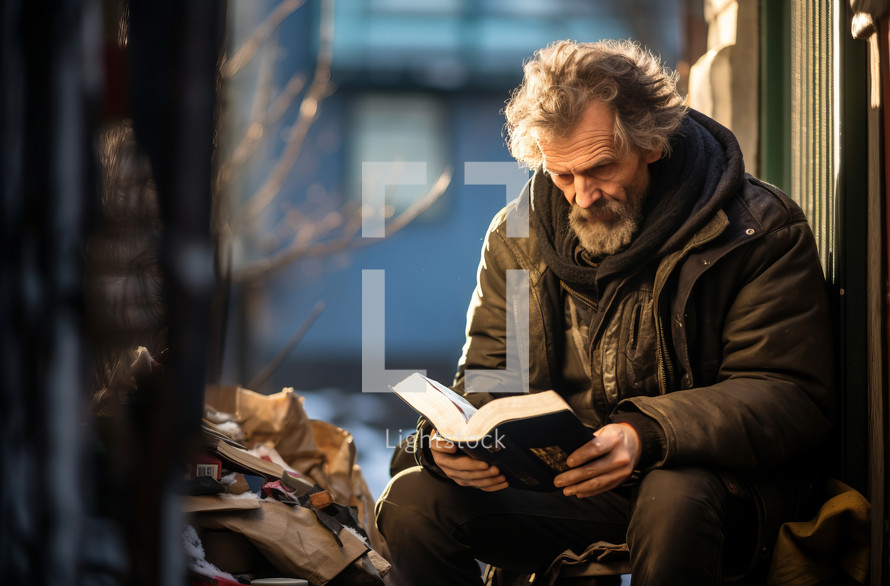 Homeless man reading a book inside a box on the street with shabby clothes and an unshaven face