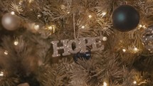 Hope ornament hanging on a Christmas tree