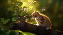 A cute bird and cat sitting in a tree