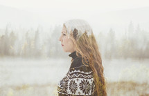 a double exposure of girl and forest