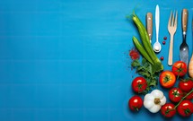 Fresh vegetables on a blue background, top view, copy space.