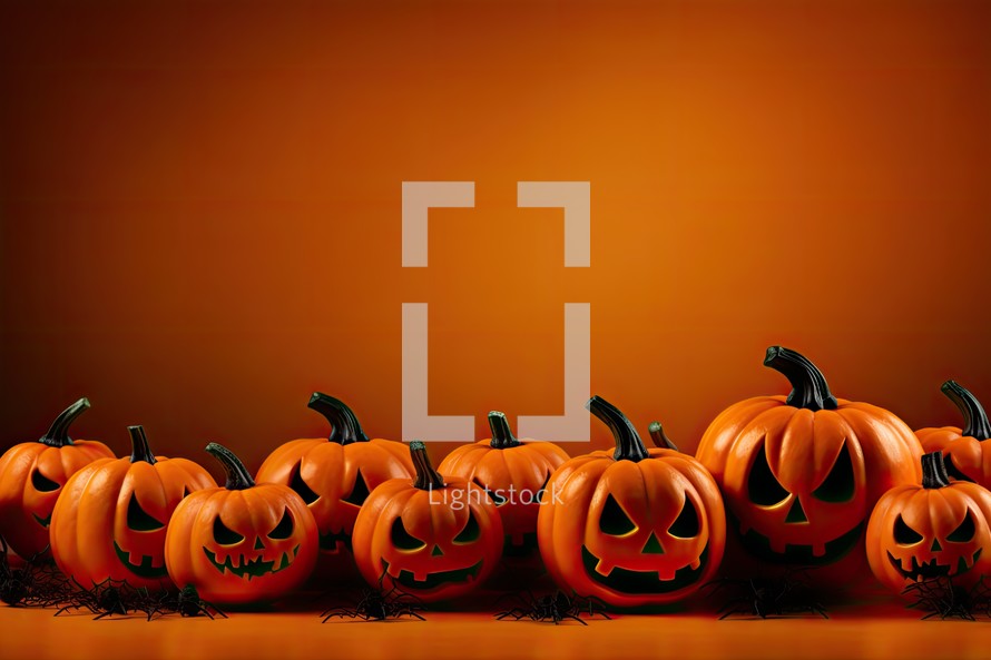 Halloween pumpkins with scary faces on orange background with copy space