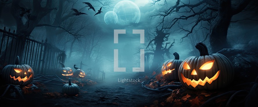 Halloween background with pumpkins in the dark forest 3D rendering